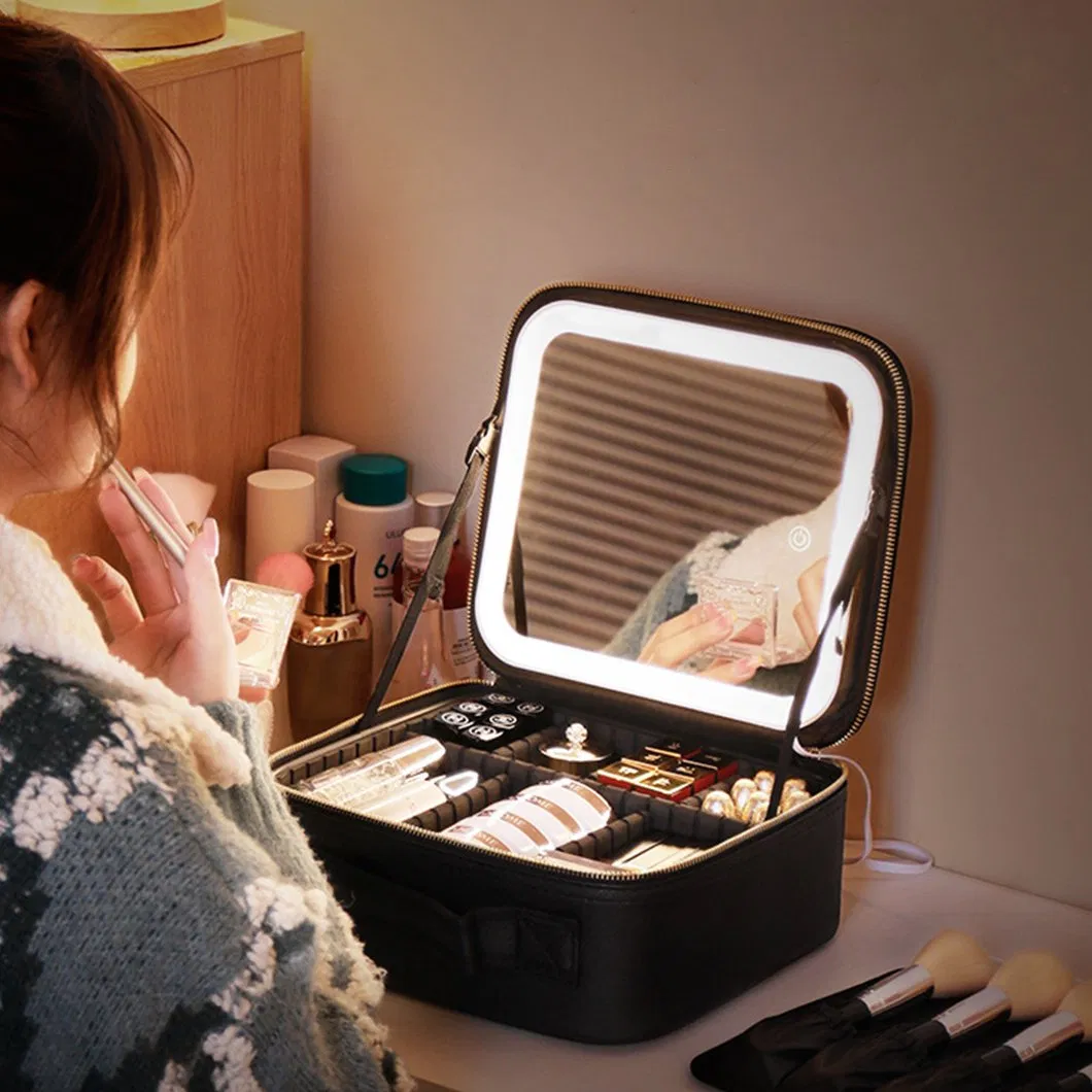 3 In1 PU Leather Portable Travel Makeup Bag Case Make up Bag with LED Light Mirror with Handle