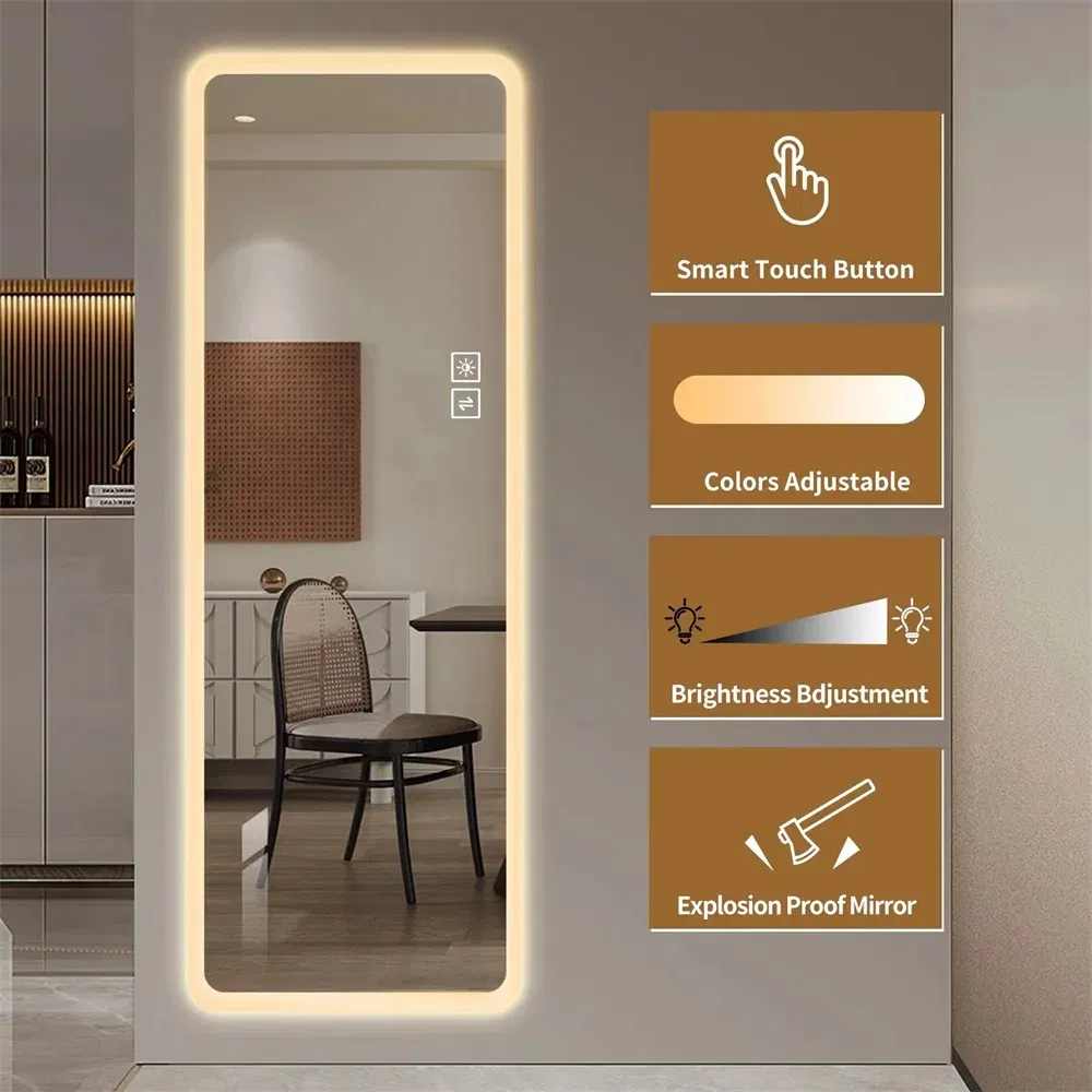Full Length Mirror Lighted Vanity Body Mirror LED Mirror Wall-Mounted Mirror Big Size Rounded Corners, Bedroom, Living Room, Dress