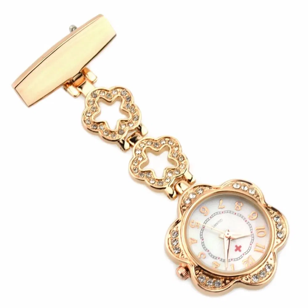 Luxury Women's Crystal Heart-Shaped Nurse Pocket Watch with Quartz Movement Gold Band Medical Nurse Watch