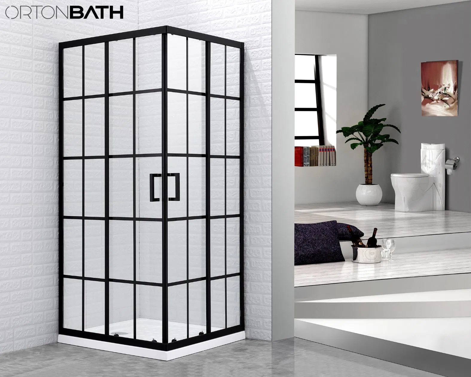 Ortonbath North Europe Style Aluminum Rectangular Framed Corner Shower Door Sliding Tempered Glass Corner Entry Shower Room Shower Enclosure