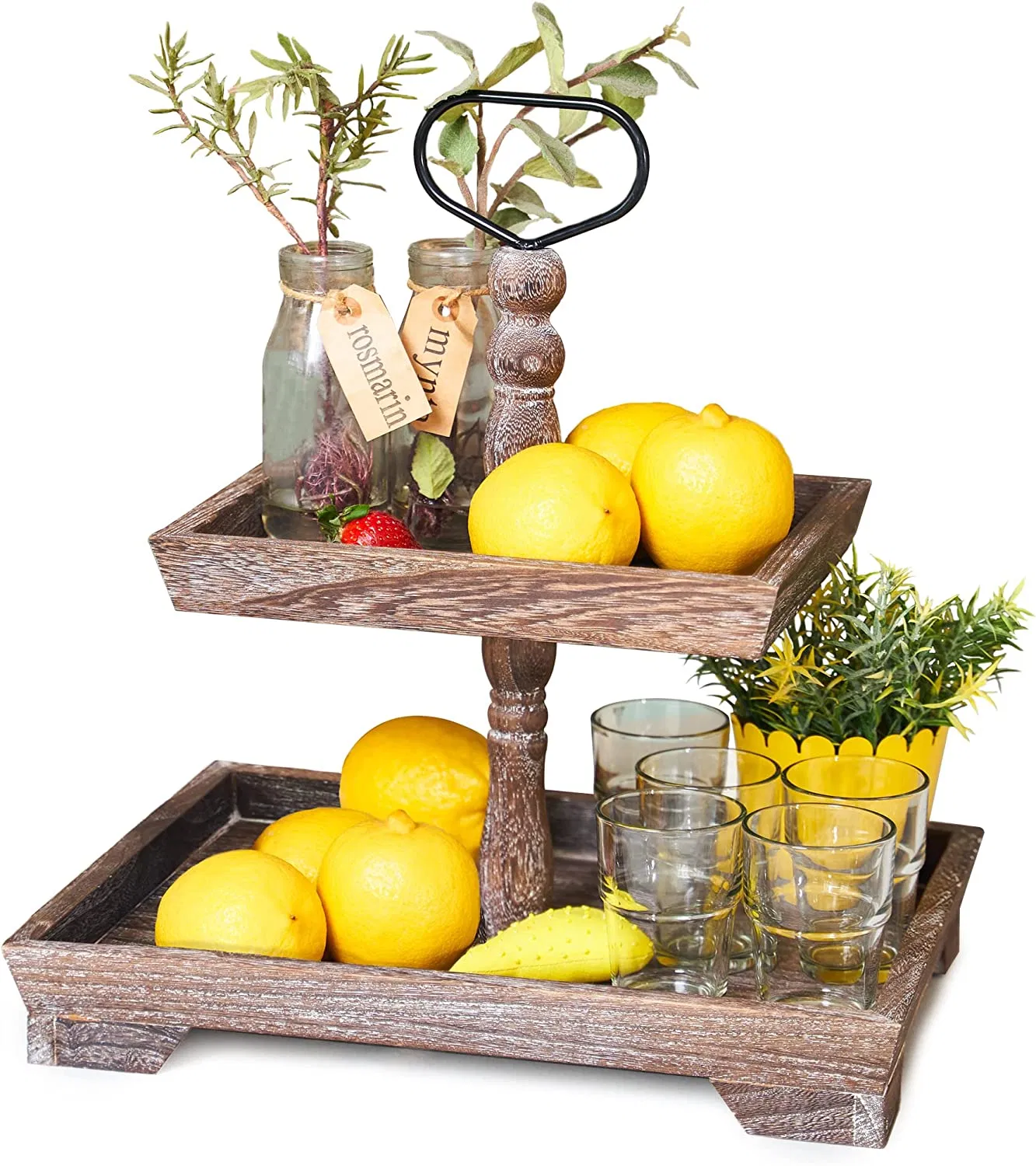 Rustic Farmhouse Tiered Tray Wooden 2 Layer Tray for Fruit Cake Desk Decor