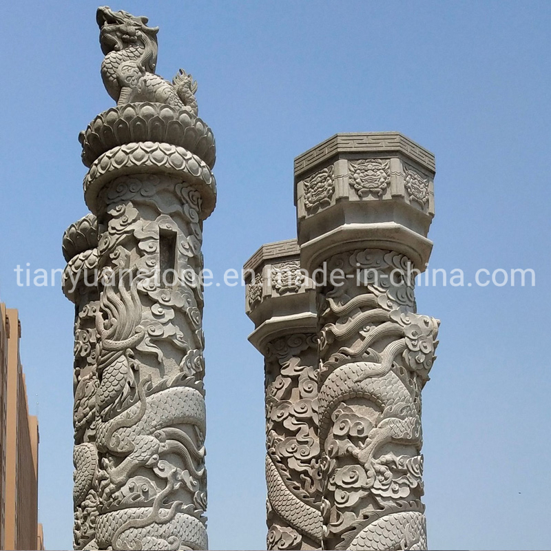 Hand Carved Large Chinese Style Marble Dragon Column Pillars Outdoor