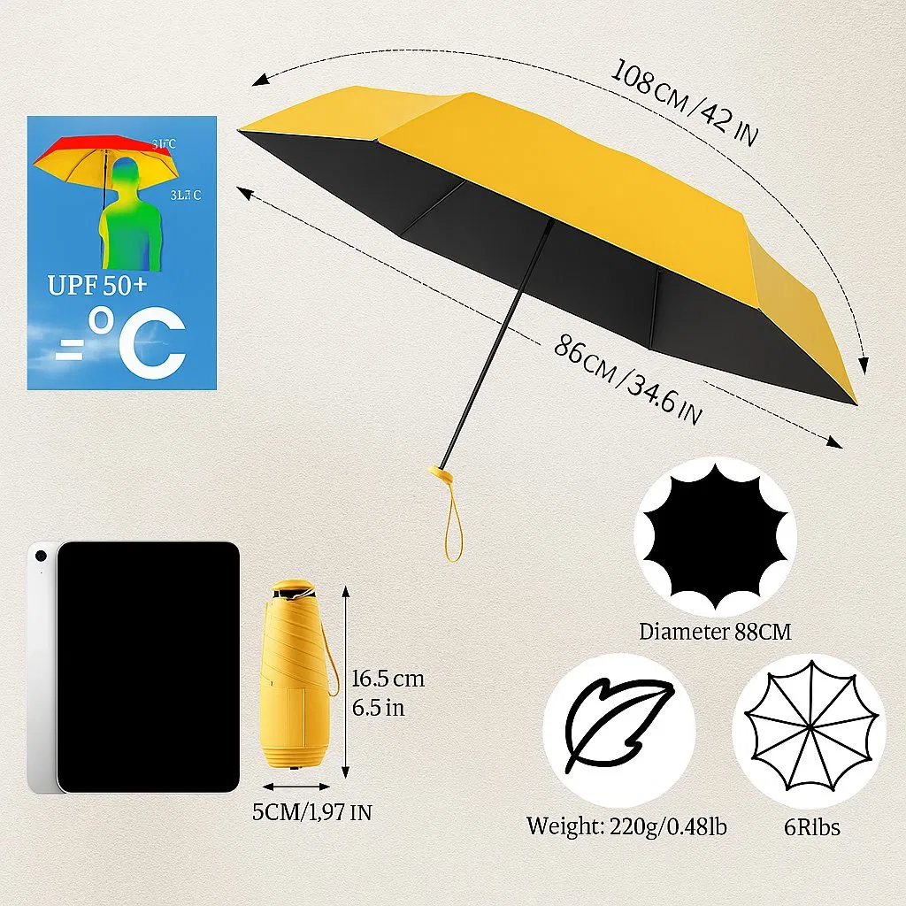 Mini Travel Folding Umbrella for Women Men Kids-Portable Compact Pocket Parasol, Lightweight Small, 6 Ribs, Anti UV Protection