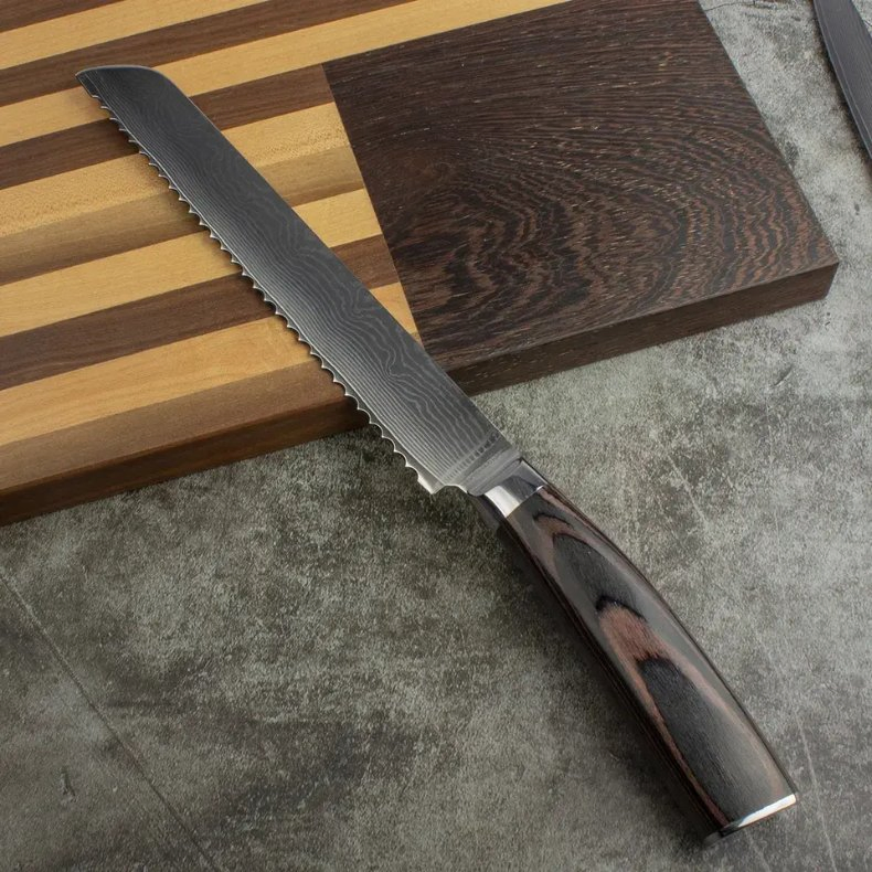 Japanese Damascus Knife High Quality 8 Inch Serrated Bread Knife 67 Layer Damascus Steel with Pakka Wood or G10 Forged Handle
