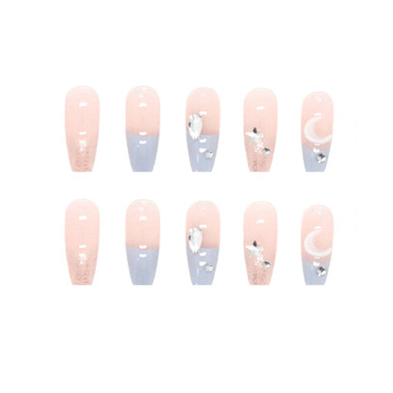Light Blue French Three-Dimensional Diamond Star Moon Nail Patch Long Ballet Nail Wear a Fashion Light Luxury Fake Nails