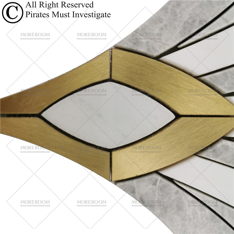Мозаика из белого камня с латунной инкрустацией Waterjet