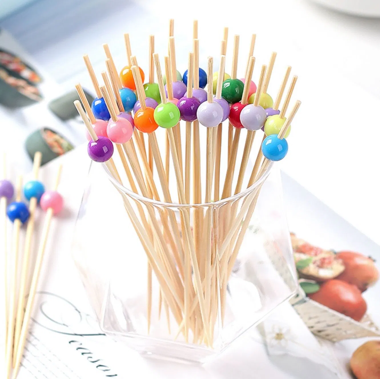 Food Grade Eco-Friendly Plancha Disposable Fruit Picks Cocktail Picks Bamboo Fruit Picks with Ball Heart Star Pattern