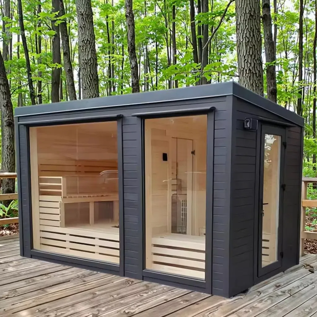 Traditional Custom Outdoor Sauna Room with Electric Steam and Glass Wall