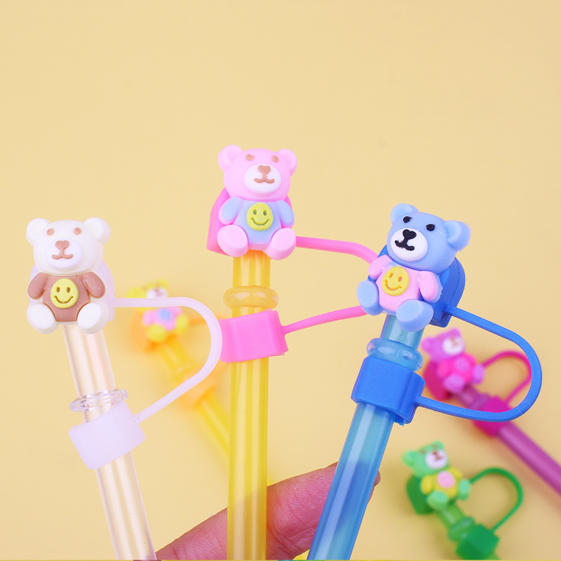Wholesale Custom PVC Bear Dustproof Plastic Straw Cover Gifts Cartoon Design Straw Topper