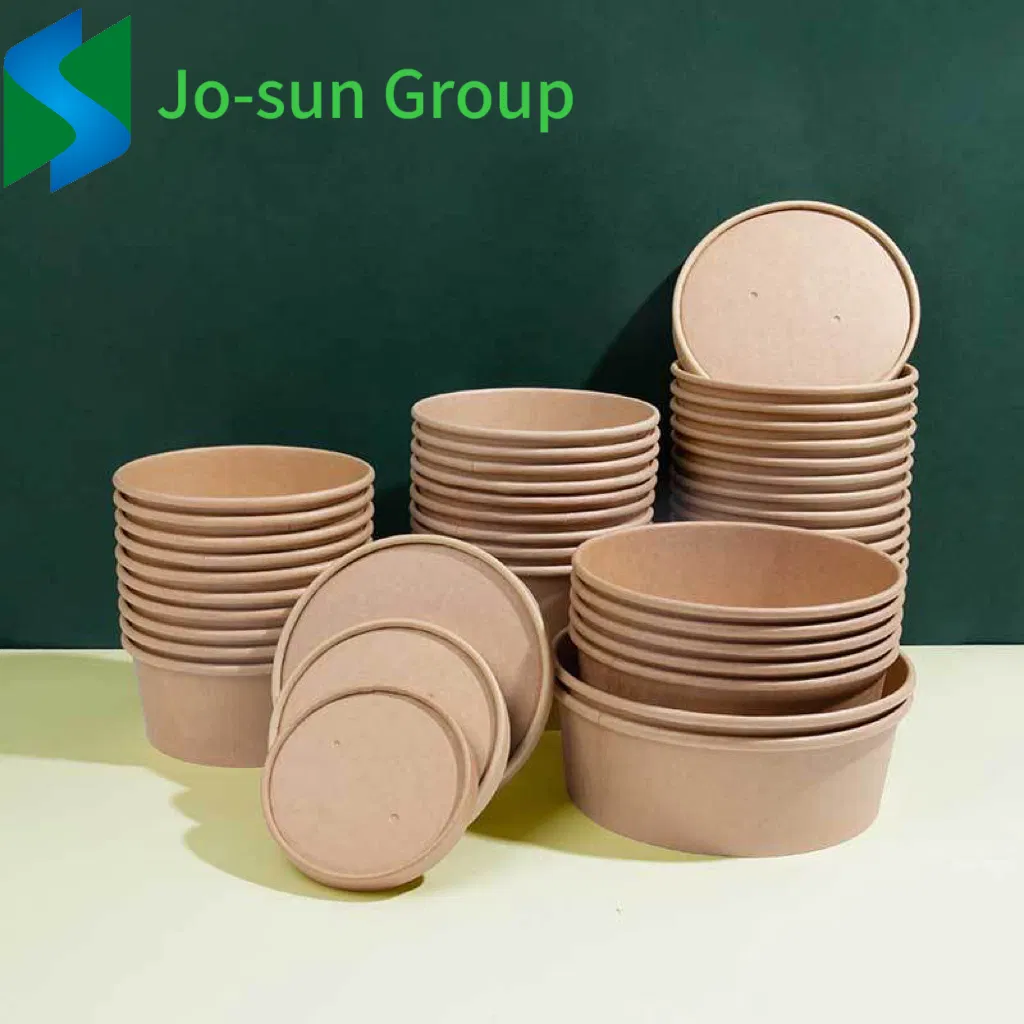 Jo-Sun Brown with Lid Round Disposable Rice Food Container Kraft Paper Noodle Bowl for Take out