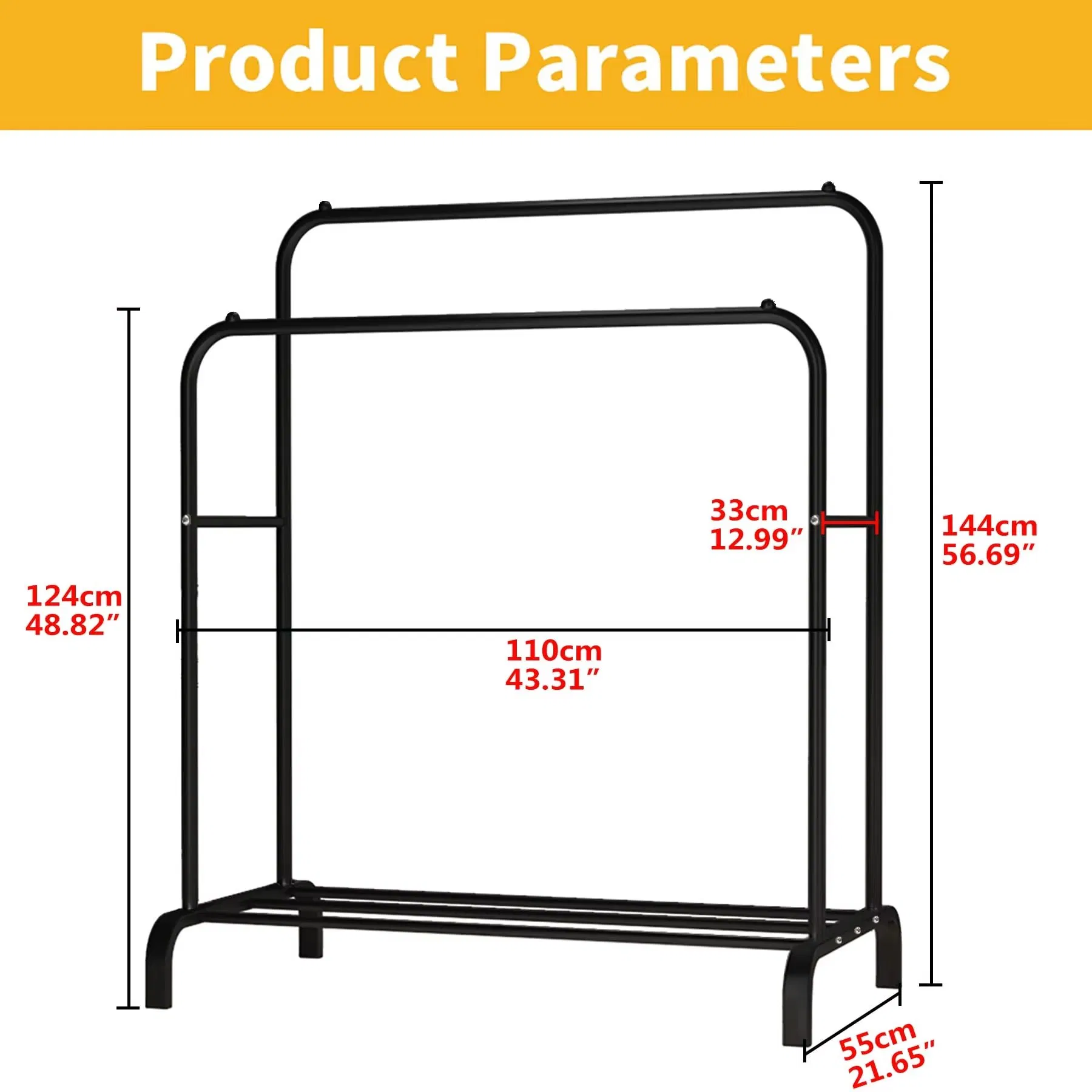 Double Row Double Pole Rack Floor Standing Clothes Hanger Metal with Wheel