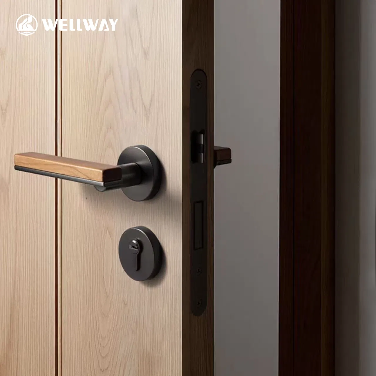 Black Brushed Zinc Alloy Square Lever Handle with Walnut Wood Insert and Round Rosette for Interior Door Wenzhou Factory China Factory OEM Premium - 1065r65