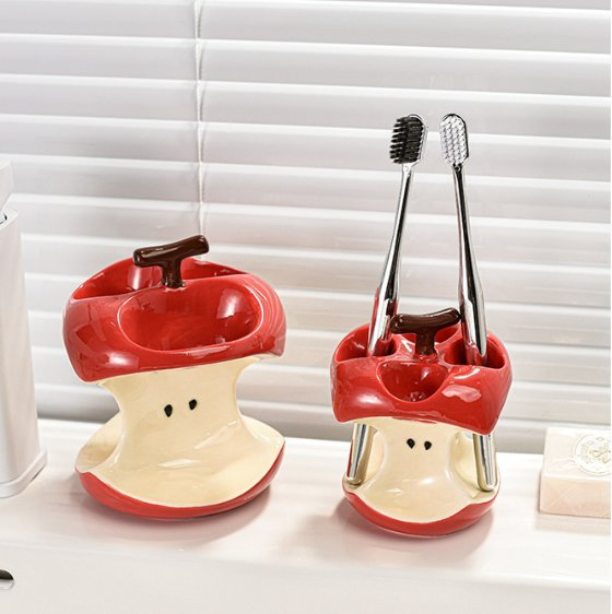 Apple Ceramic Toothbrush Holder, Drainable Toothbrush Base for Bathroom Sink