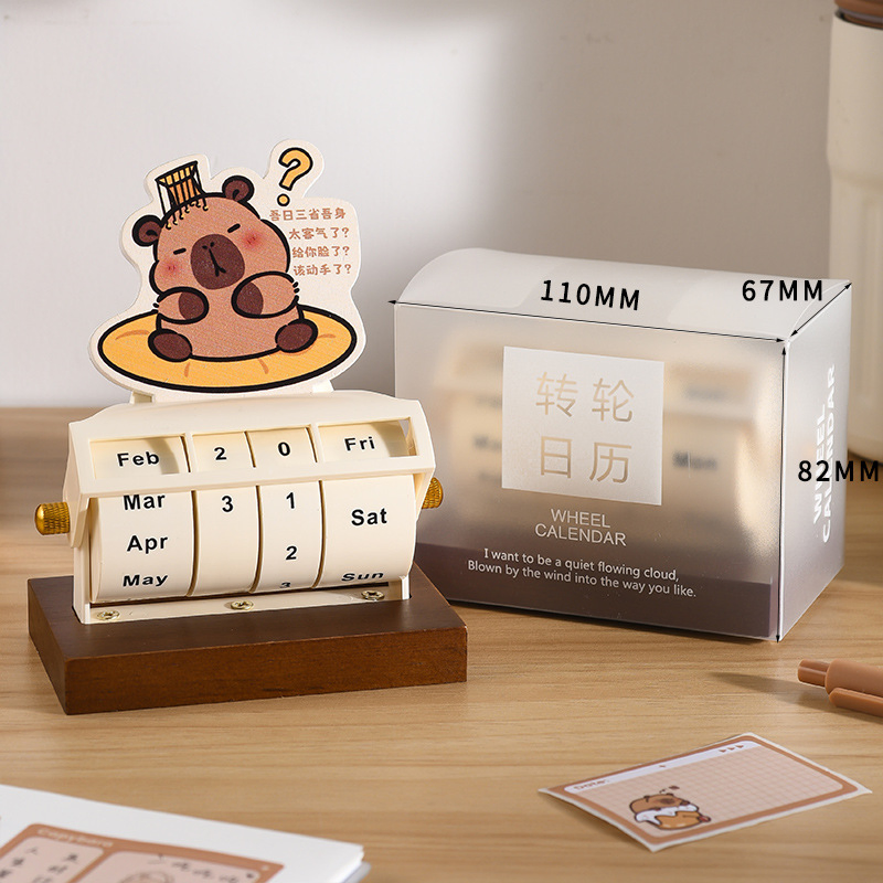 Capybara Rotating Wooden Perpetual Calendar - Cute Desktop Countdown Decor