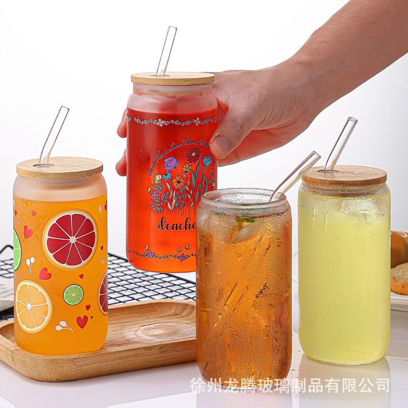 Стеклянная кружка 16 oz с бамбуковой крышкой и трубочкой