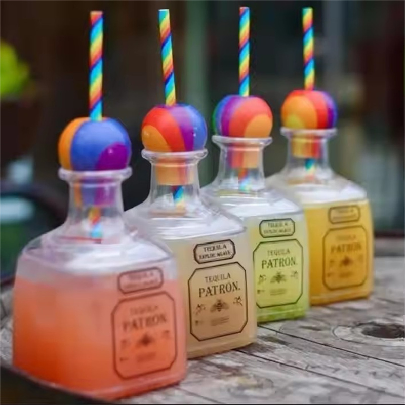 375ml Unbreakable Plastic Tequila Bottle Cup with Straw and Cap