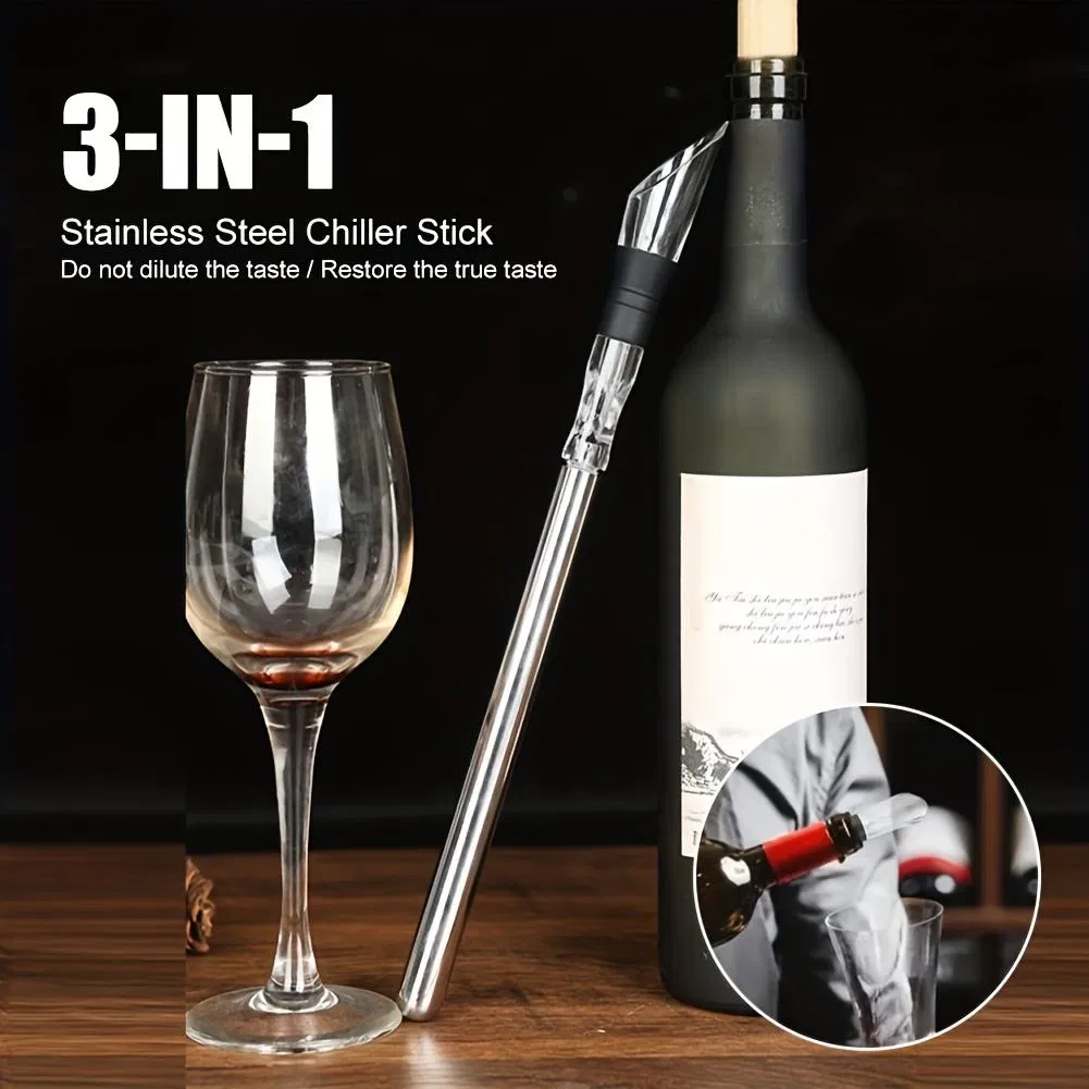 3-in-1 Stainless Steel Metal Wine Bottle Cooler Stick Chiller Pourer Stopper Bar Accessory for Aeration Drinking Packed in a Box