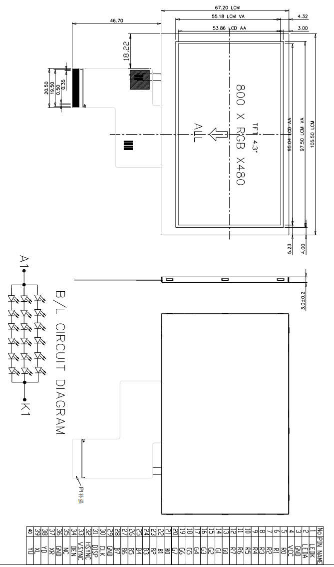 4.3-дюймовый TFT LCD дисплей с резистивным тачскрином