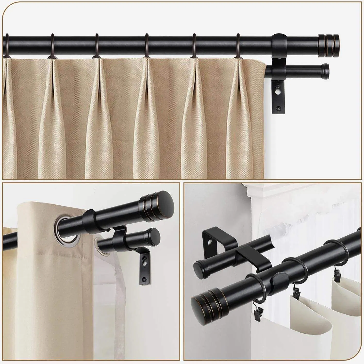 Adjustable Double Curtain Rod, Double Wood Curtain Rod for Windows