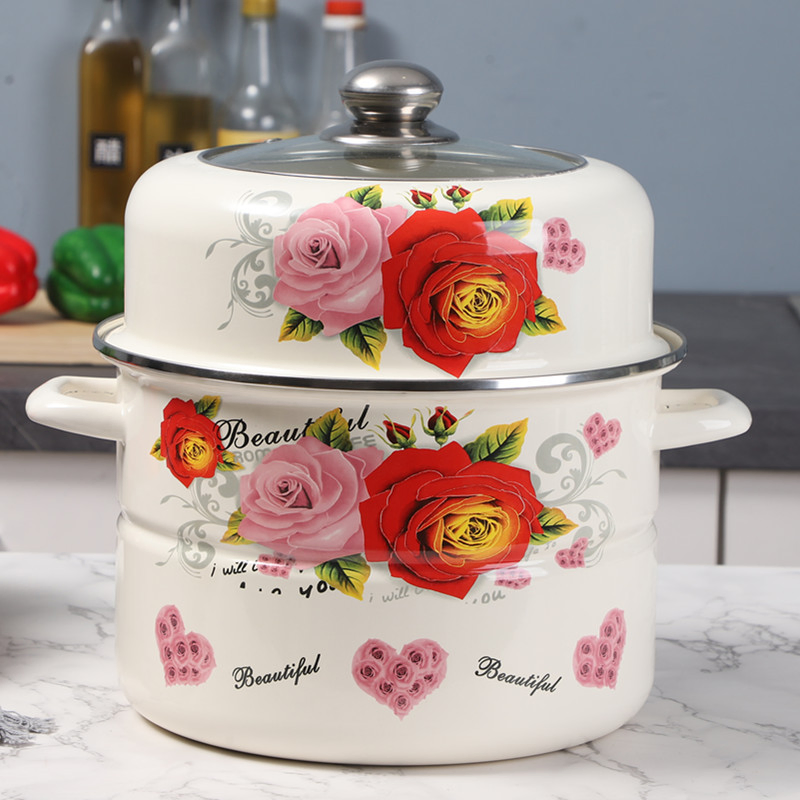 Enamel Multi-Layer Steamer with Visible Lid