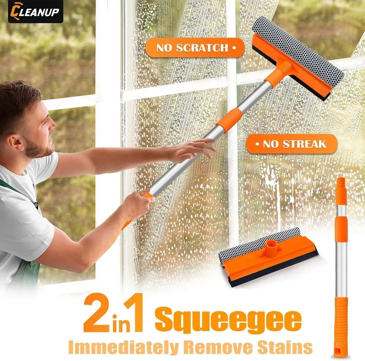 Squeegee for Window 2-in-1 Window Cleaner Sponge and Soft Rubber Strip with Telescopic Extension Pole Window Washer for Shower, Car Cleaner