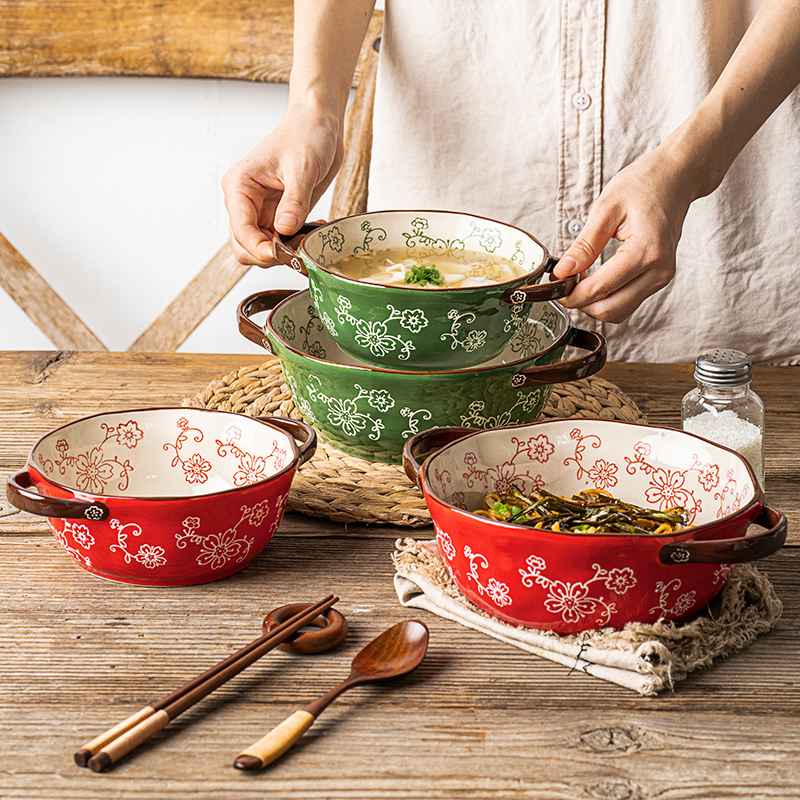 Sakura Ceramic Tableware Dinnerware Serving Ramen Noodles Soup Bowls with Handle