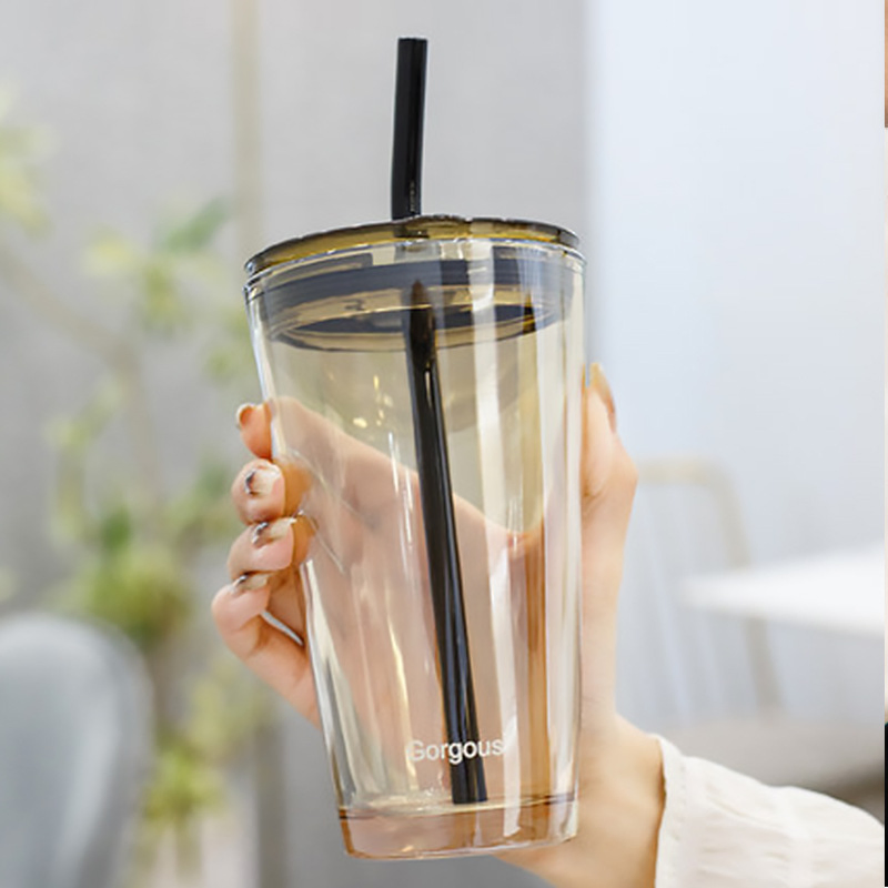 15 Oz New Style Glass with Straw Double Drink Coffee Cup with Lid