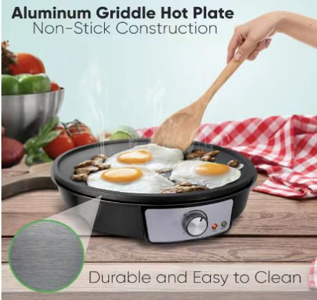12" Griddle & Crepe Maker, Non-Stick Electric Crepe Pan W Batter Spreader & Recipe Guide- Dual Use Hot Plate for Blintzes, Eggs, Pancakes- Portable