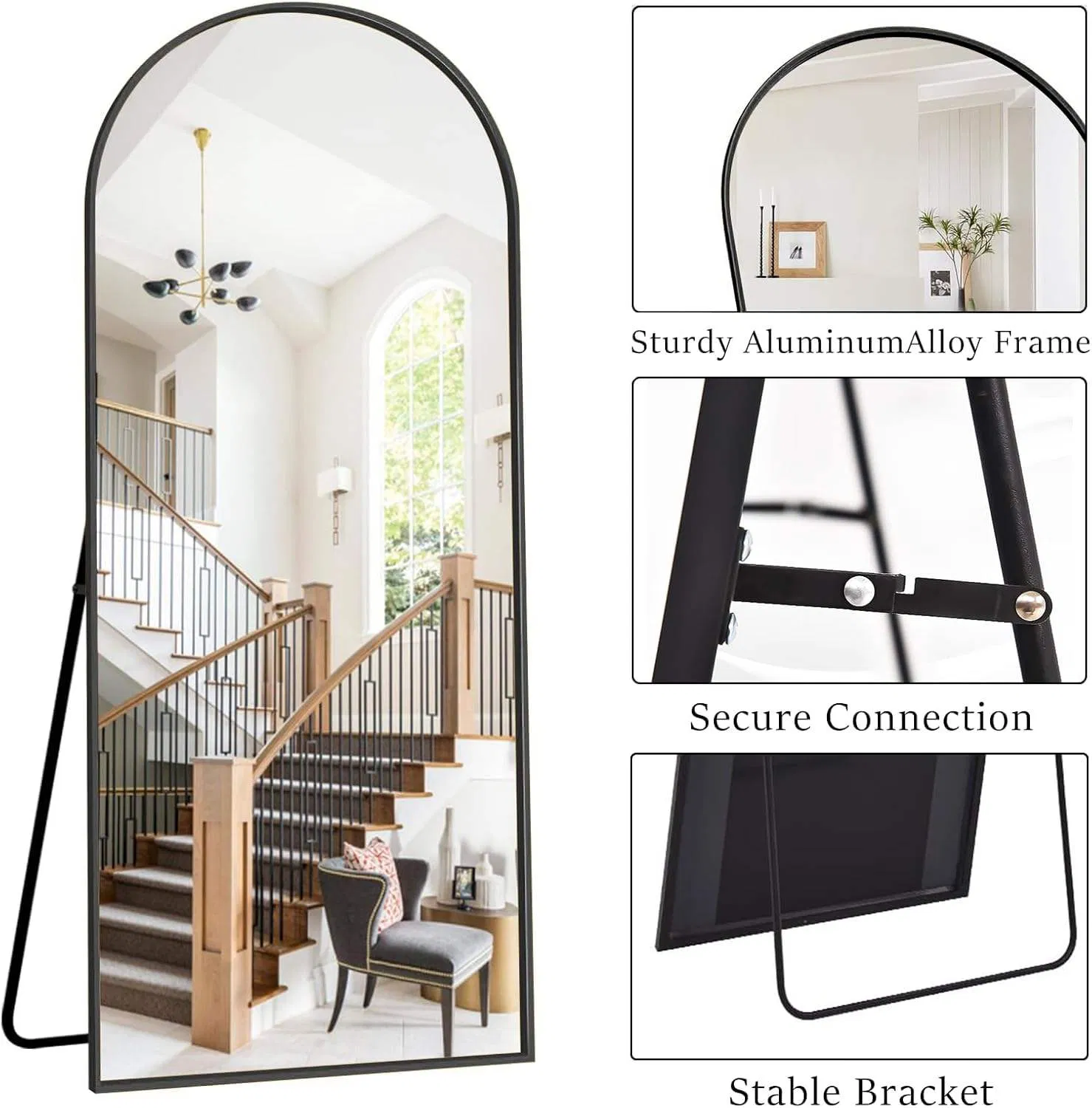 Extra Large Free Standing Floor Mirror - Aluminum Frame Arch Dressing Mirror Shatter-Resistant Lightweight for Bedroom & Hallway