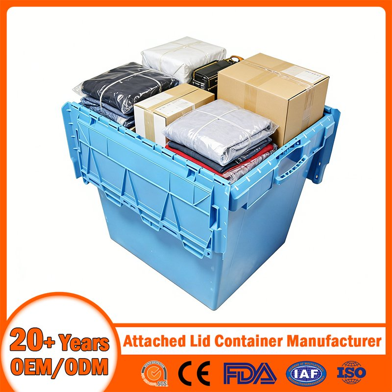 China Plastic Attached Lid Container Manufacturer Stackable/Nestable/Lobster/Bale Arm/EU/Euo Moving Mesh Turnover Logistic/Bread/Egg/Beer Tote Plastic Container