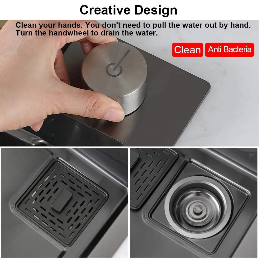 Nano Step Kitchen Sink 304 Stainless Steel Handmade Above Mount Waterfall Faucet Farmhouse Kitchen Black Sinks