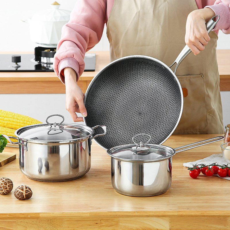 Honeycomb Non-Stick Stainless Steel Frying Pan Milk Pot Cookware Set