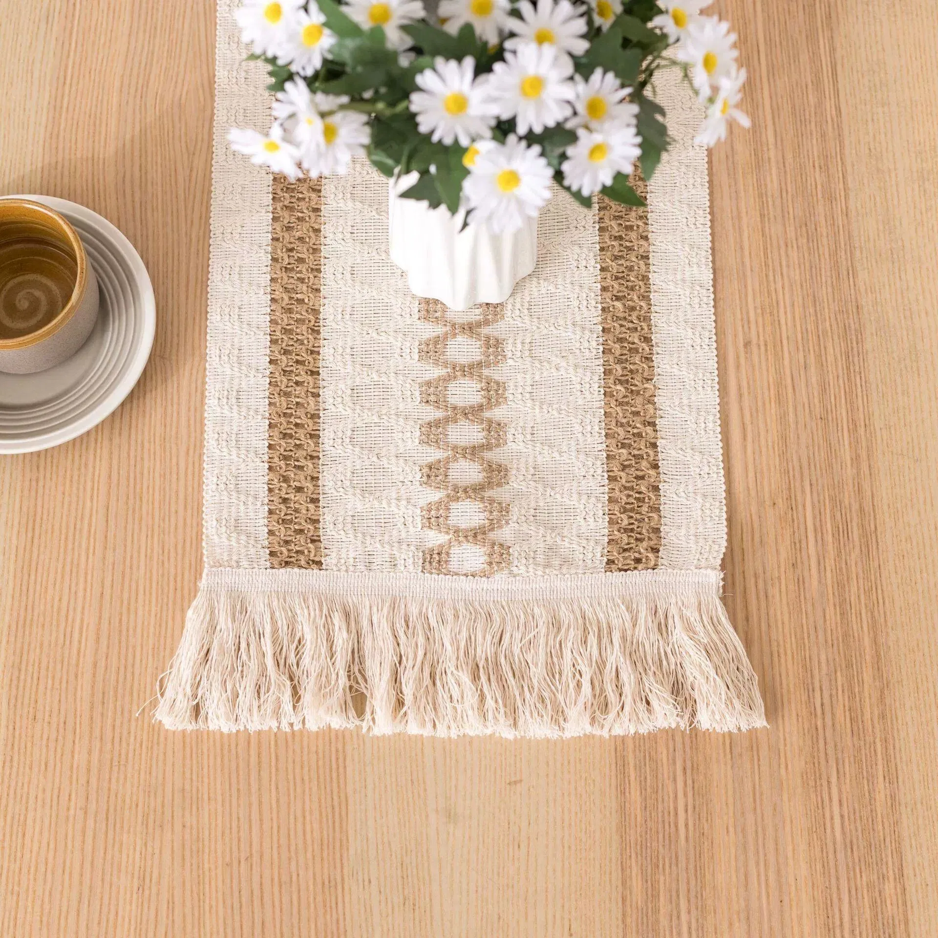 12inch Macrame Splicing Cotton Burlap Table Runners Jute Table Runner with Tassel