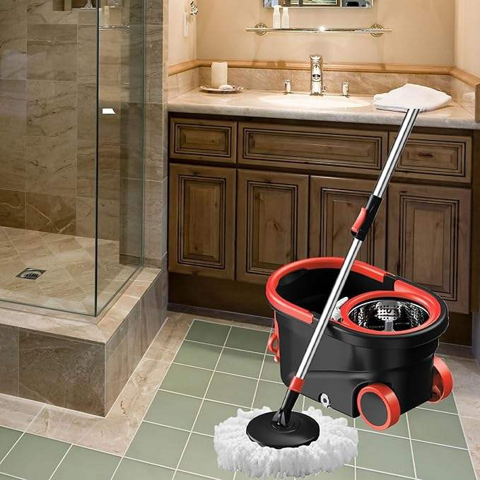 Microfiber for Spin Mop Replacement Head with Easy Indoor Cleaning Plastic Basket and Steel Pole Telescopic Handle Mop