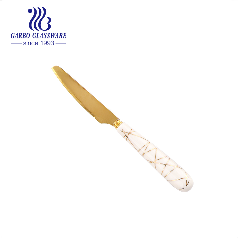 Wholesale 17cm Mirror Polished Stainless Steel 13/0 PVD Gold Tableware Dinner Knife with Ceramic Plate Set