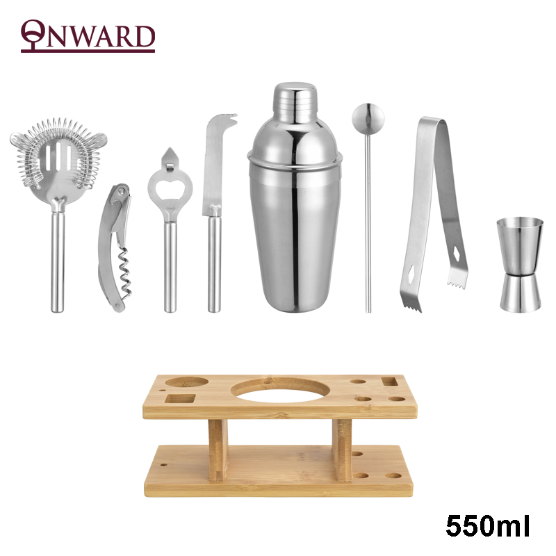 Premium 8 Piece Cocktail Shaker Set with Stylish Bamboo Holder