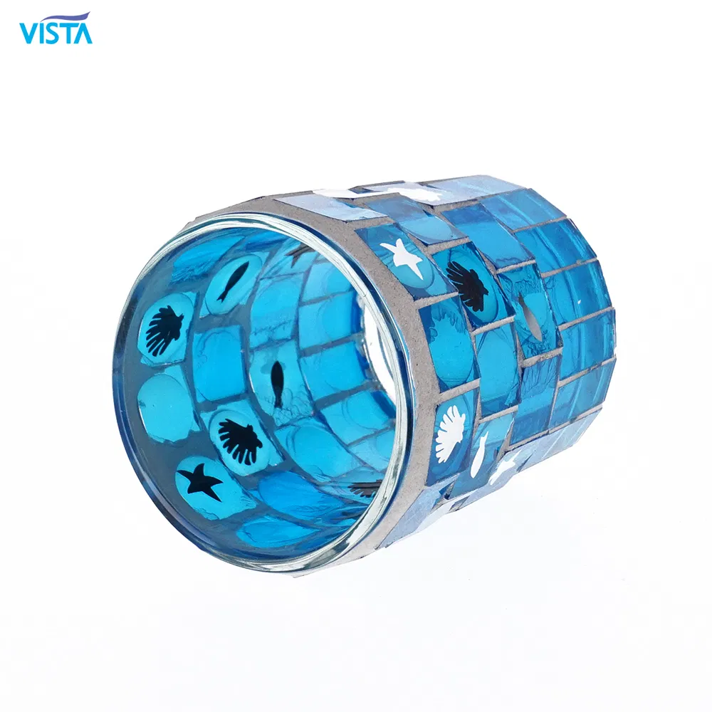 Designed First Quality Glass Candleholder Jar with Electroplating Sea Color Decoration