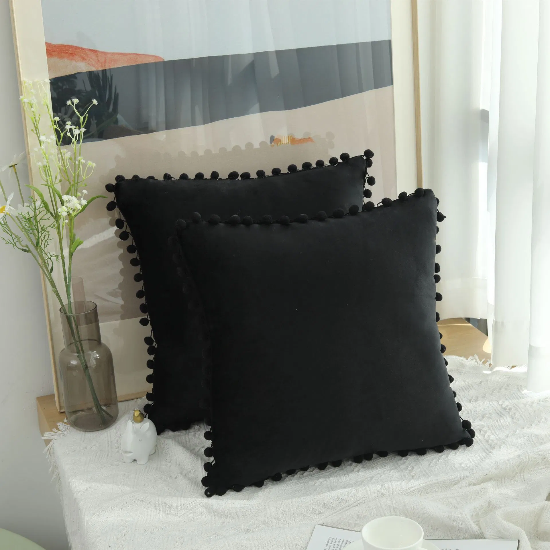 Elegant POM-Poms Fringe Velvet Cushion Covers, Velvet Soft Solid Decorative Square Throw Pillow Covers