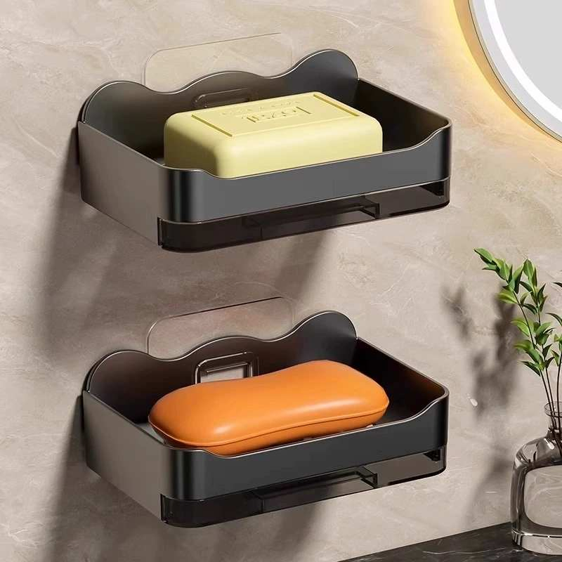 2PCS Non Perforated Wall Mounted Bathroom Double-Layer Soap Storage Rack