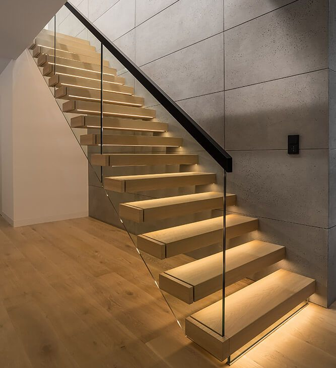 Apartment Australia Standard Modern Indoor Steel Straight Shape Wood Staircase with Glass Railing Design