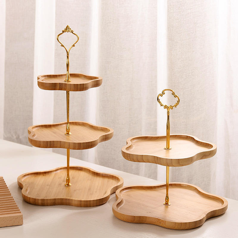 Wholesale Bamboo Dessert Cupcake Display Plate for Wedding Birthday Party Serving Tray Pastry Cake Stand 2 Tier