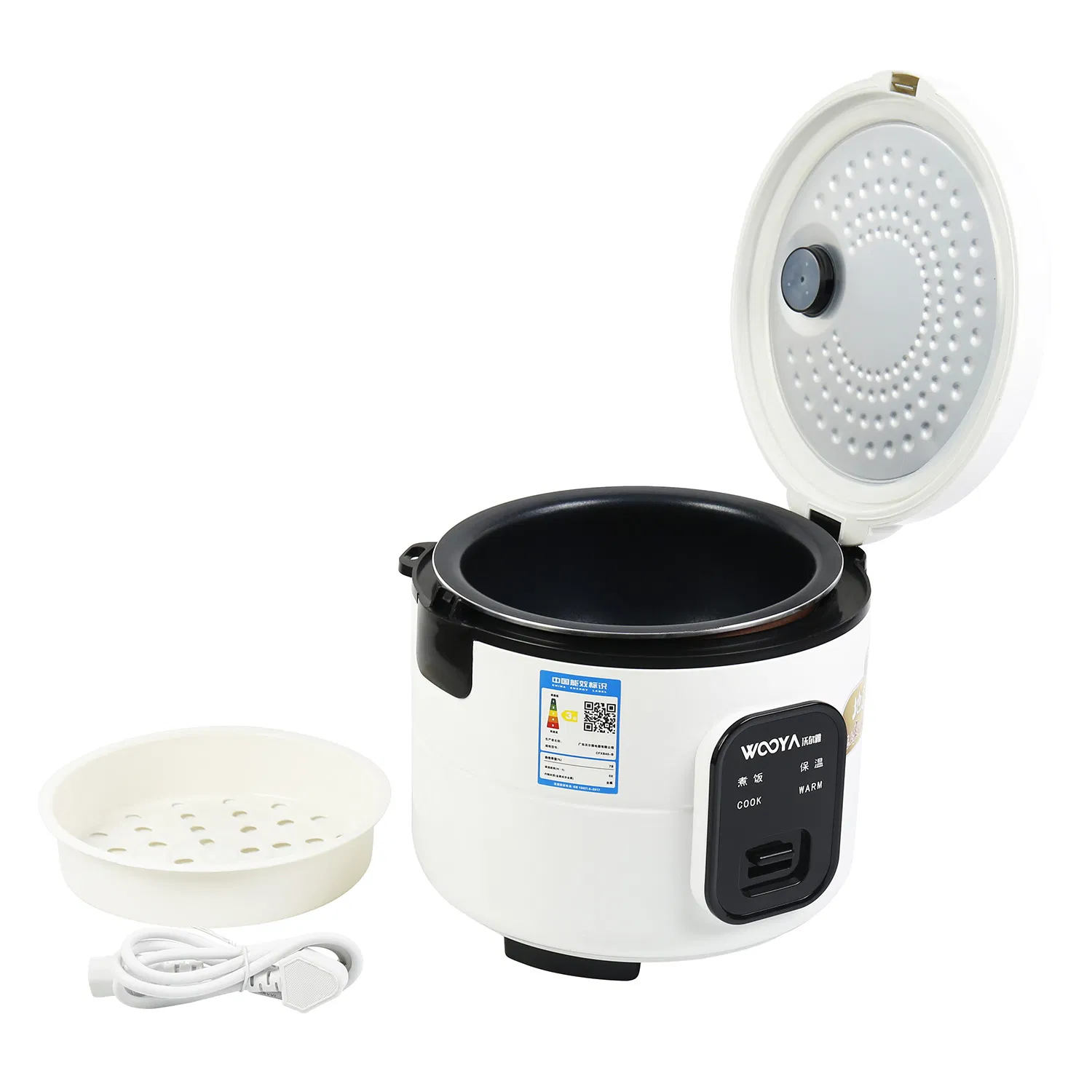 White One Button Lid Open Rice Cooker with "Cook" and "Warm"