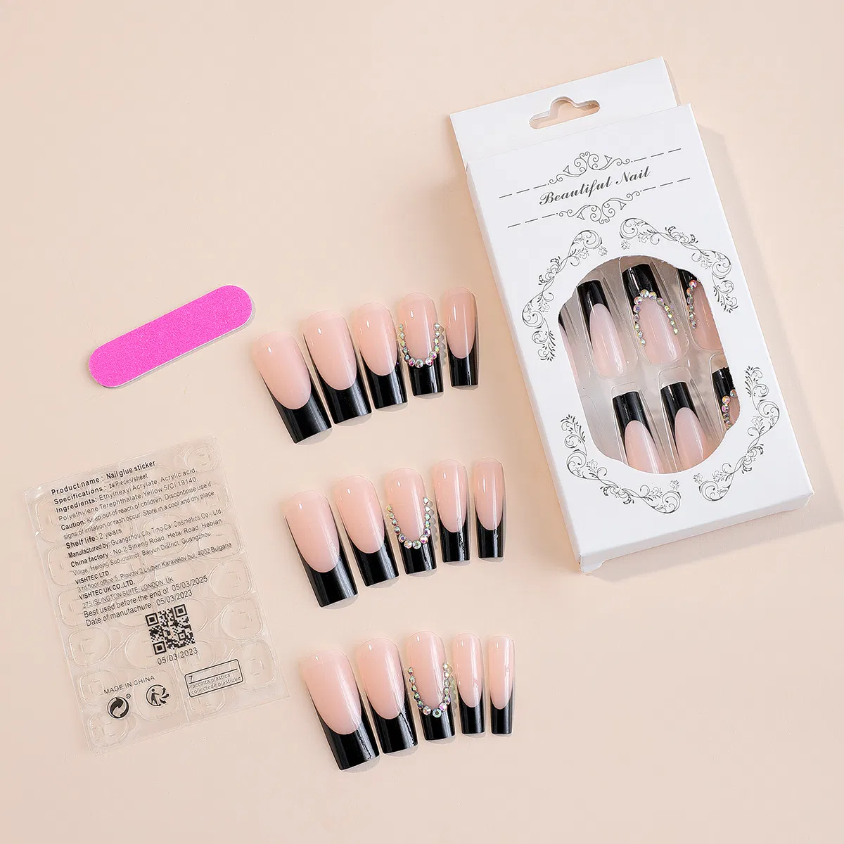 Extended Wearable Black French Edge Rhinestone Water Tube Nail Stickers Detachable False Nails
