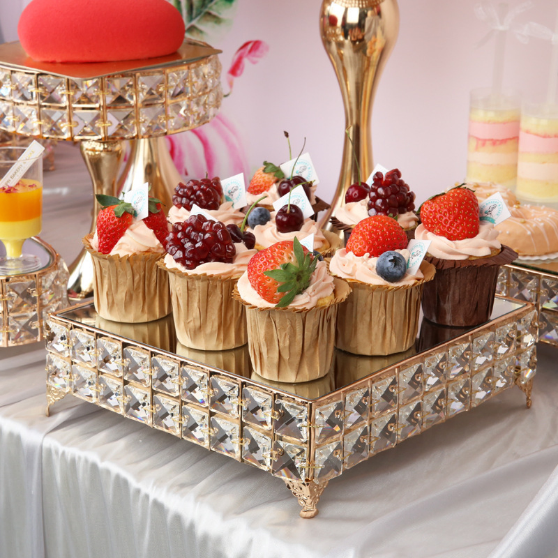 Party Cake Display with Mirror Top Plate Crystal Snack Tray