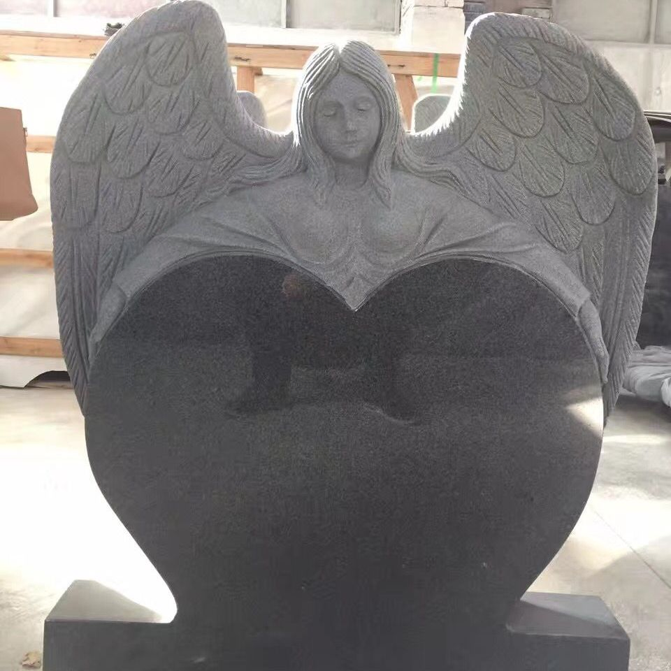 Customized Angel-Heart Absolute Black Granite Carving Headstone Columnbarium, Slant Beveled Shape Markers Hand Carving, Machine Carving Memorial Monument