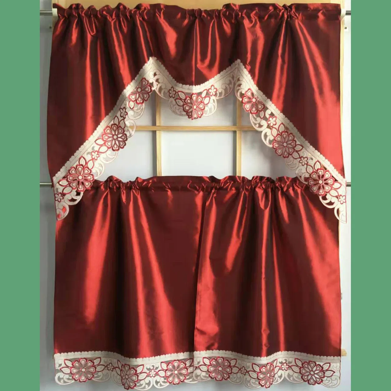 Embroidered Border Patchwork Red Satin Fabric Kitchen Curtain