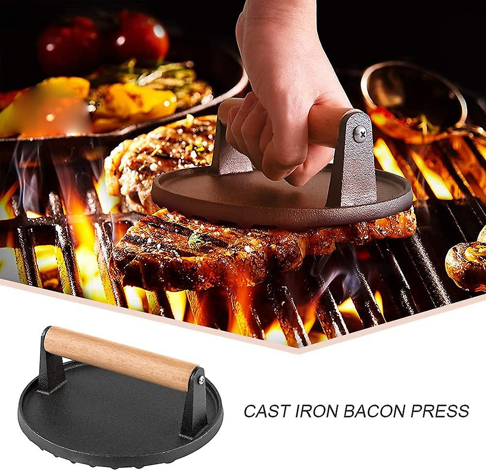 OEM ODM Wood Handle Hamburger Patty Maker Metal Meat Press Stuffed Steak Burger Press Bacon Presser BBQ Cast Iron Grill Press