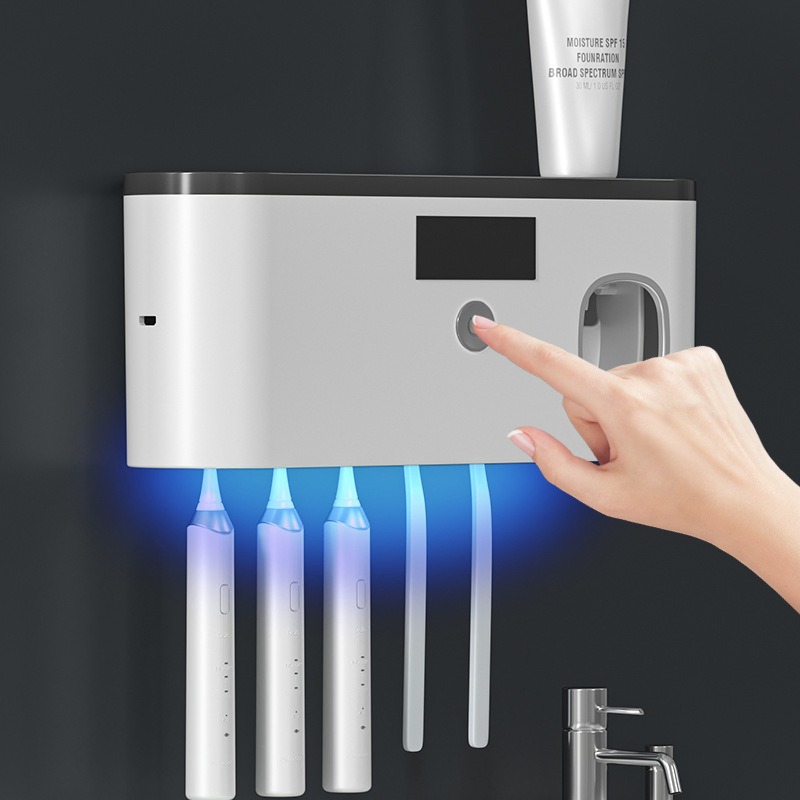 Rechargeable Bathrooms Smart Sterilizing Toothbrush Holder with Two Toothpaste Dispenser and UV Sterilizer