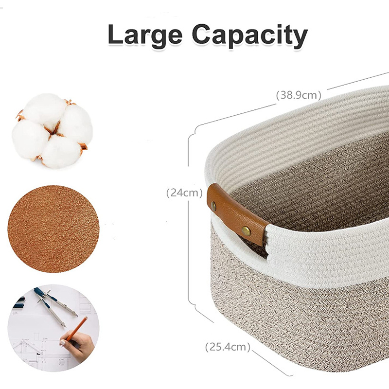3 Set Cotton Rope Basket with Leather Handles Storage Basket Organizing Shelves Rope Pet Toys Storage Basket