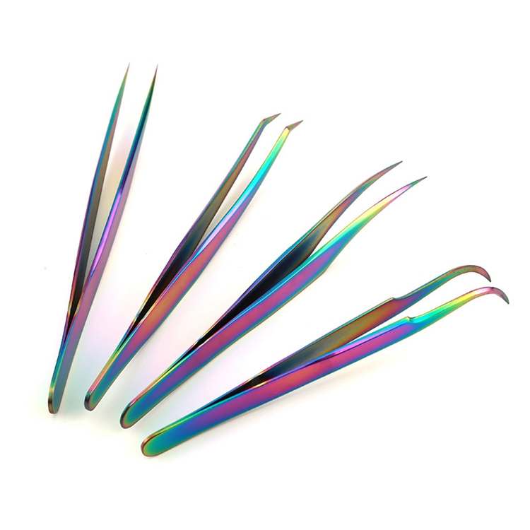 4PCS Custom Logo High Quality Stainless Steel Rainbow Straight Curved Lash Volume Diamond Grip Eyebrow Eyelash Extension Tweezers Set